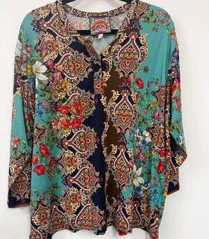 Johnny Was Indi Floral Paisley Bamboo Henley Top Size XL